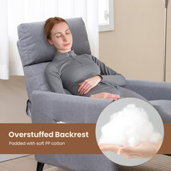 Fåtölj med justerbar rygg och fotstöd, två fickor, grå linnetyg, ergonomisk design