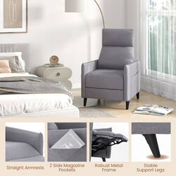 Fåtölj med justerbar rygg och fotstöd, två fickor, grå linnetyg, ergonomisk design