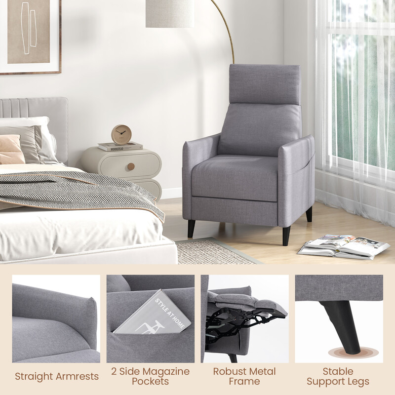 Fåtölj med justerbar rygg och fotstöd, två fickor, grå linnetyg, ergonomisk design