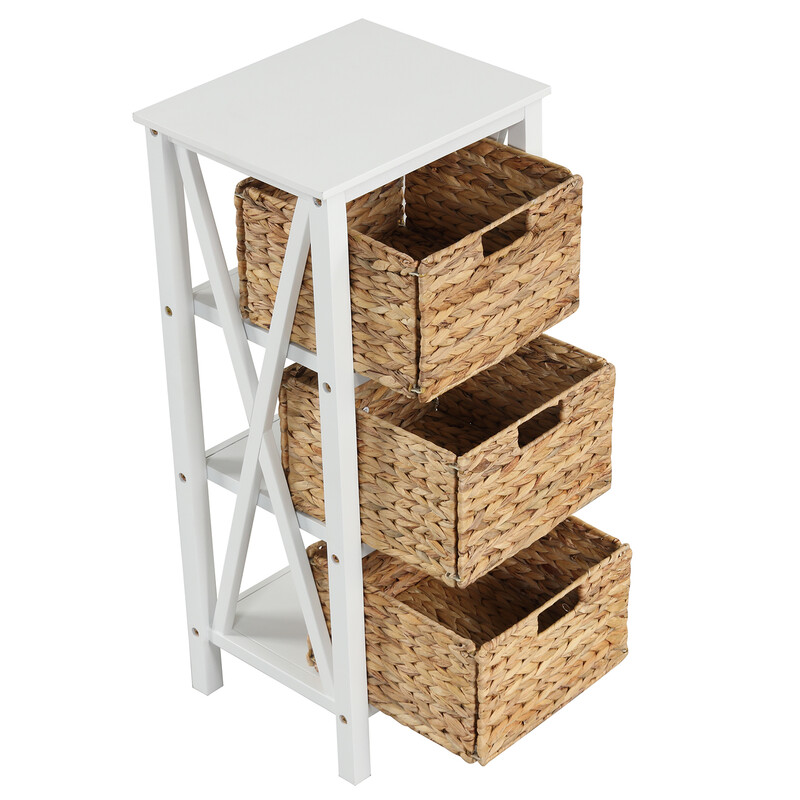 Vit sängbord med 3 sjögräskorgar och X-design, kompakt och hållbar konstruktion