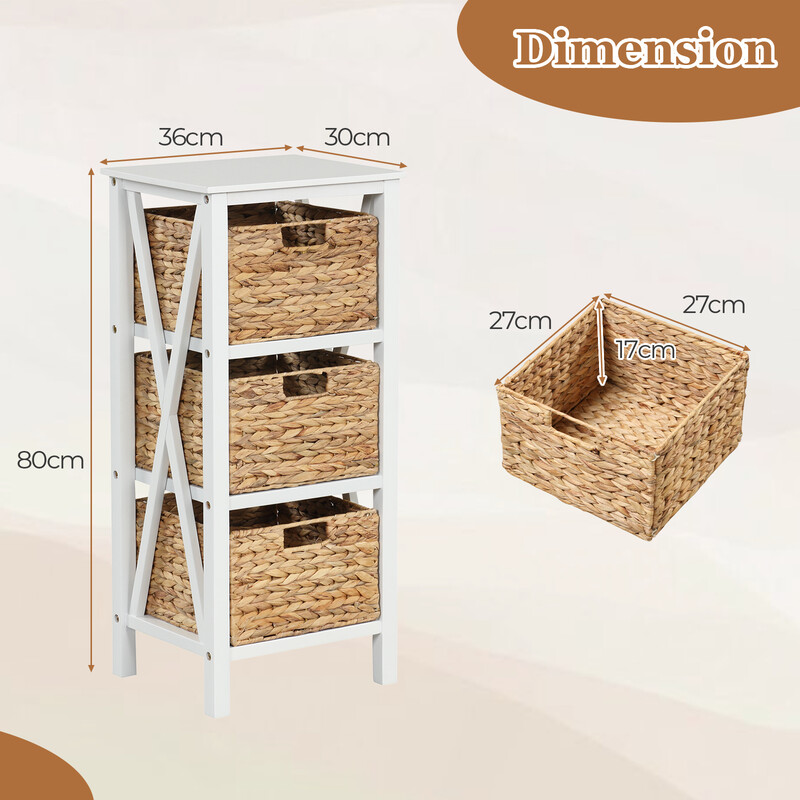 Vit sängbord med 3 sjögräskorgar och X-design, kompakt och hållbar konstruktion