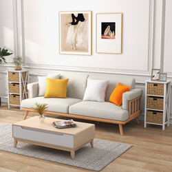 Vit sängbord med 3 sjögräskorgar och X-design, kompakt och hållbar konstruktion