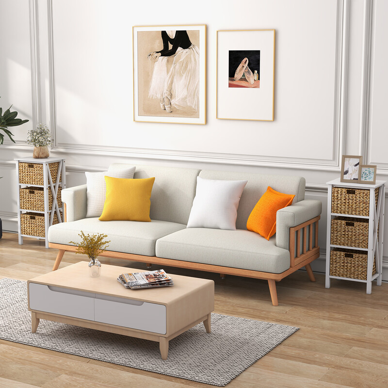 Vit sängbord med 3 sjögräskorgar och X-design, kompakt och hållbar konstruktion