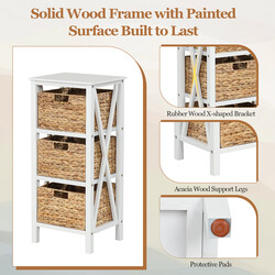 Vit sängbord med 3 sjögräskorgar och X-design, kompakt och hållbar konstruktion