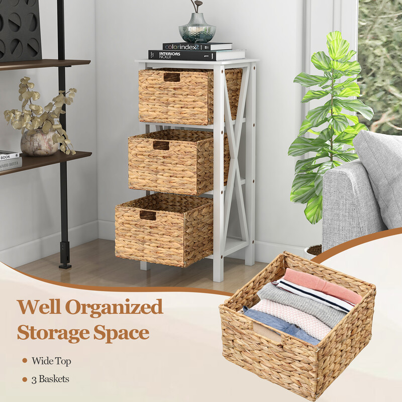 Vit sängbord med 3 sjögräskorgar och X-design, kompakt och hållbar konstruktion