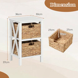 Vitt sängbord med sjögrässkorgar och X-design, 3 nivåer, 36 x 30 x 57 cm