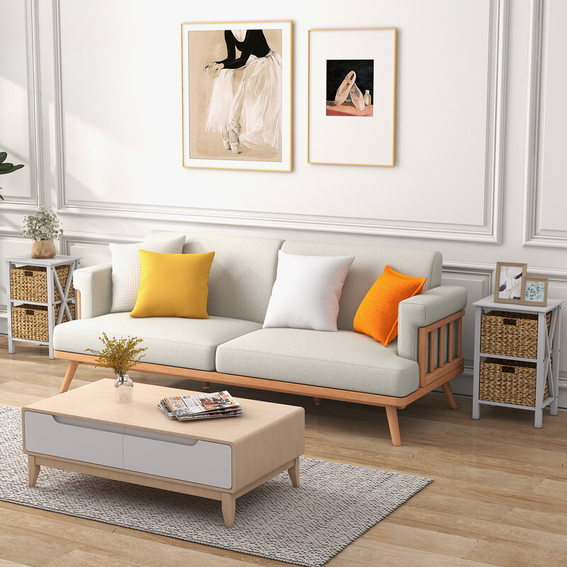 Vitt sängbord med sjögrässkorgar och X-design, 3 nivåer, 36 x 30 x 57 cm