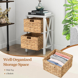 Vitt sängbord med sjögrässkorgar och X-design, 3 nivåer, 36 x 30 x 57 cm