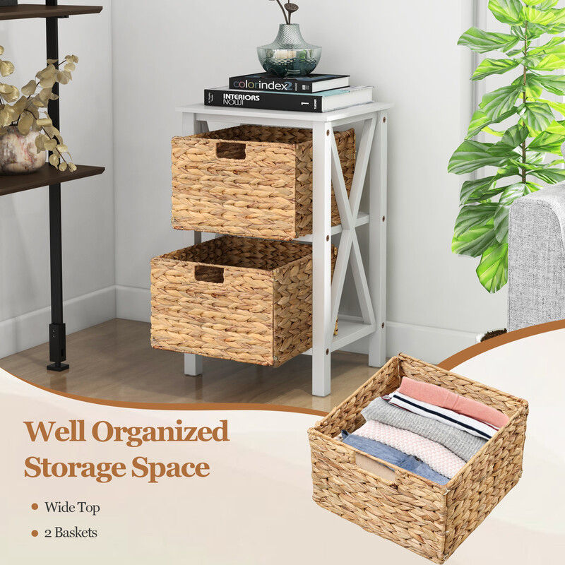 Vitt sängbord med sjögrässkorgar och X-design, 3 nivåer, 36 x 30 x 57 cm