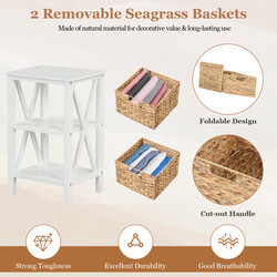Vitt sängbord med sjögrässkorgar och X-design, 3 nivåer, 36 x 30 x 57 cm