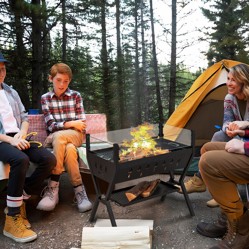 Kolgrill med vindskydd och förvaringshyllor i rostfritt stål för camping och utomhusmatlagning