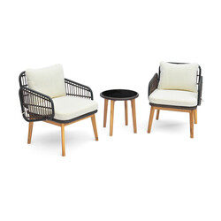 3-delat rottingmöbelset för terrass med 2 stolar och glasbord