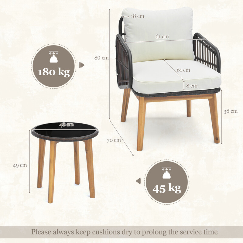 3-delat rottingmöbelset för terrass med 2 stolar och glasbord