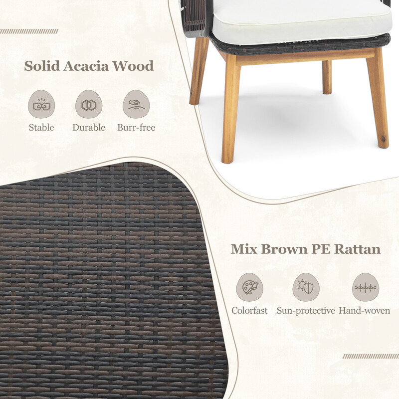 3-delat rottingmöbelset för terrass med 2 stolar och glasbord