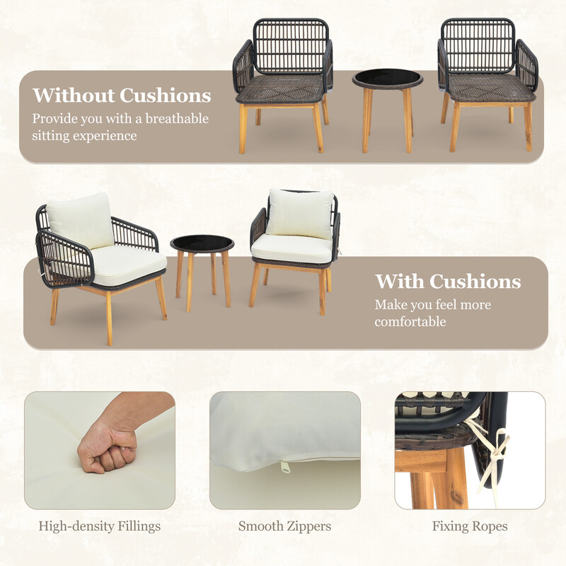 3-delat rottingmöbelset för terrass med 2 stolar och glasbord