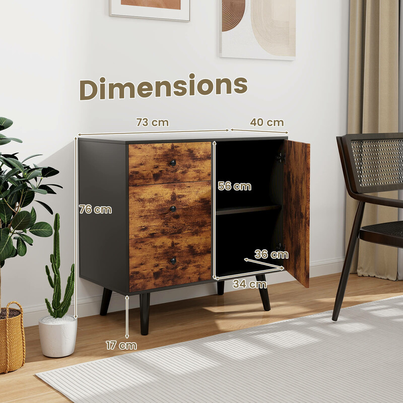 Rustikt brunt förvaringsskåp med dörr, 3 lådor och justerbar hylla 73 x 40 x 76,5 cm