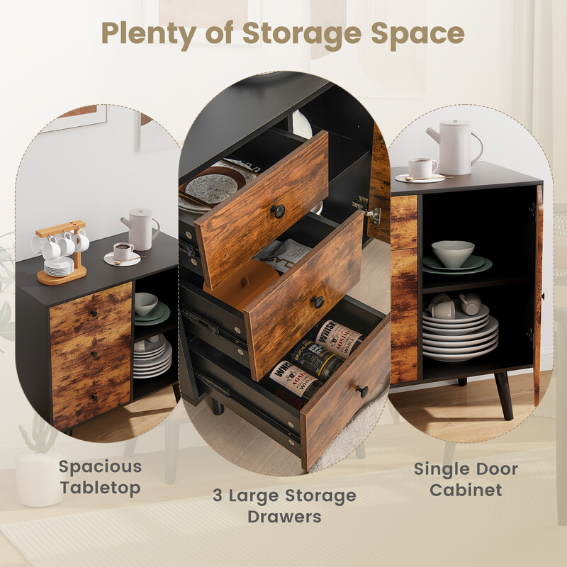 Rustikt brunt förvaringsskåp med dörr, 3 lådor och justerbar hylla 73 x 40 x 76,5 cm