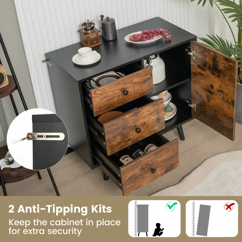 Rustikt brunt förvaringsskåp med dörr, 3 lådor och justerbar hylla 73 x 40 x 76,5 cm