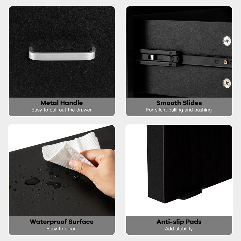 Modernt svart sängbord med låda och öppen hylla för sovrum eller vardagsrum