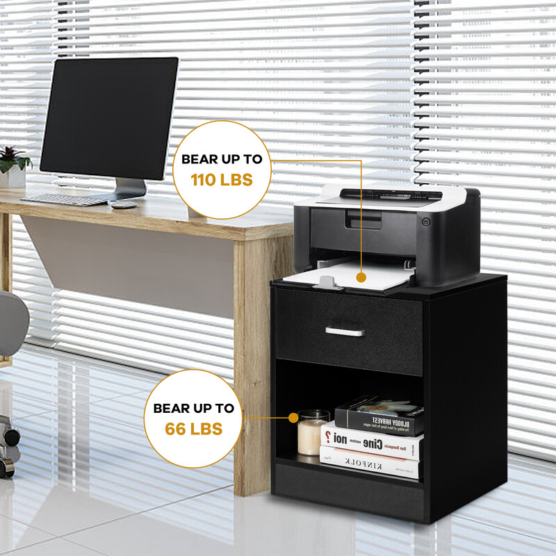 Modernt svart sängbord med låda och öppen hylla för sovrum eller vardagsrum