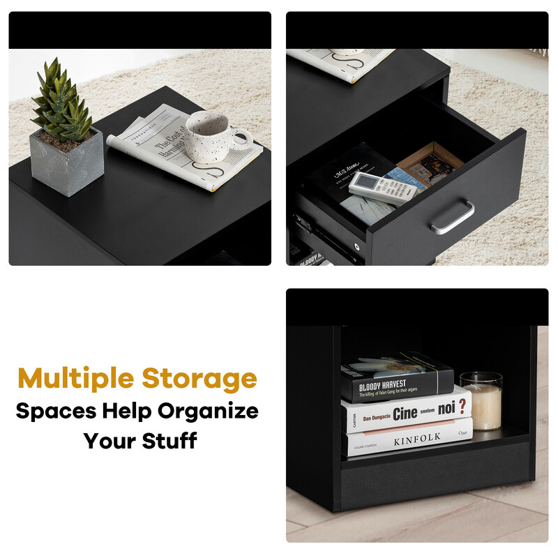 Modernt svart sängbord med låda och öppen hylla för sovrum eller vardagsrum