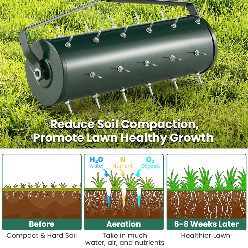 Manuell gräsmatteluftare med justerbar effektivitet och ergonomiskt handtag 53 x 130 cm grön