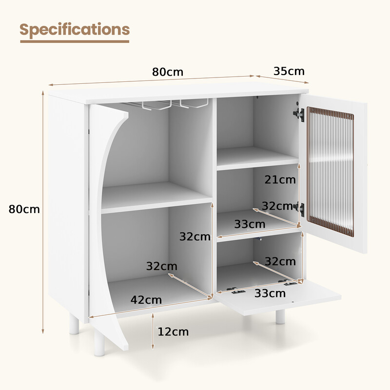 Bufféskåp med glasdörr och öppna hyllor, vit, 80 x 30 x 80 cm