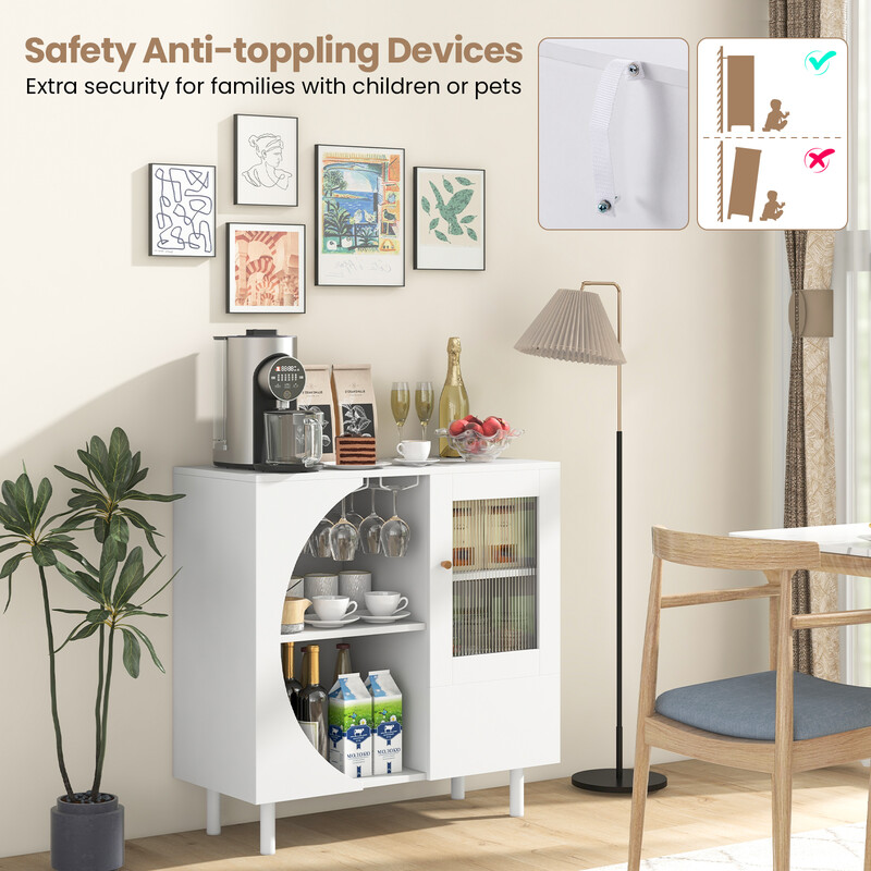 Bufféskåp med glasdörr och öppna hyllor, vit, 80 x 30 x 80 cm