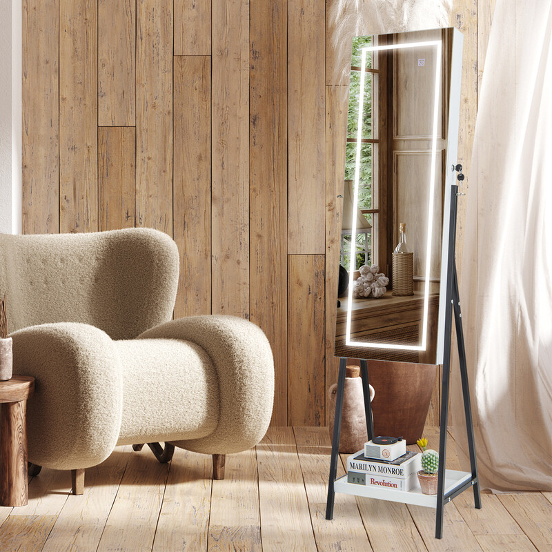 Smyckeskåp med spegel, LED-belysning och låsbar dörr, vit