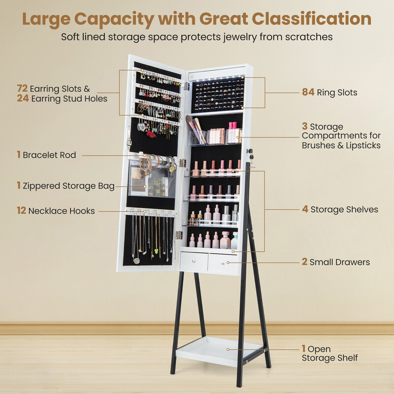 Smyckeskåp med spegel, LED-belysning och låsbar dörr, vit