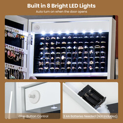 Smyckeskåp med spegel, LED-belysning och låsbar dörr, vit