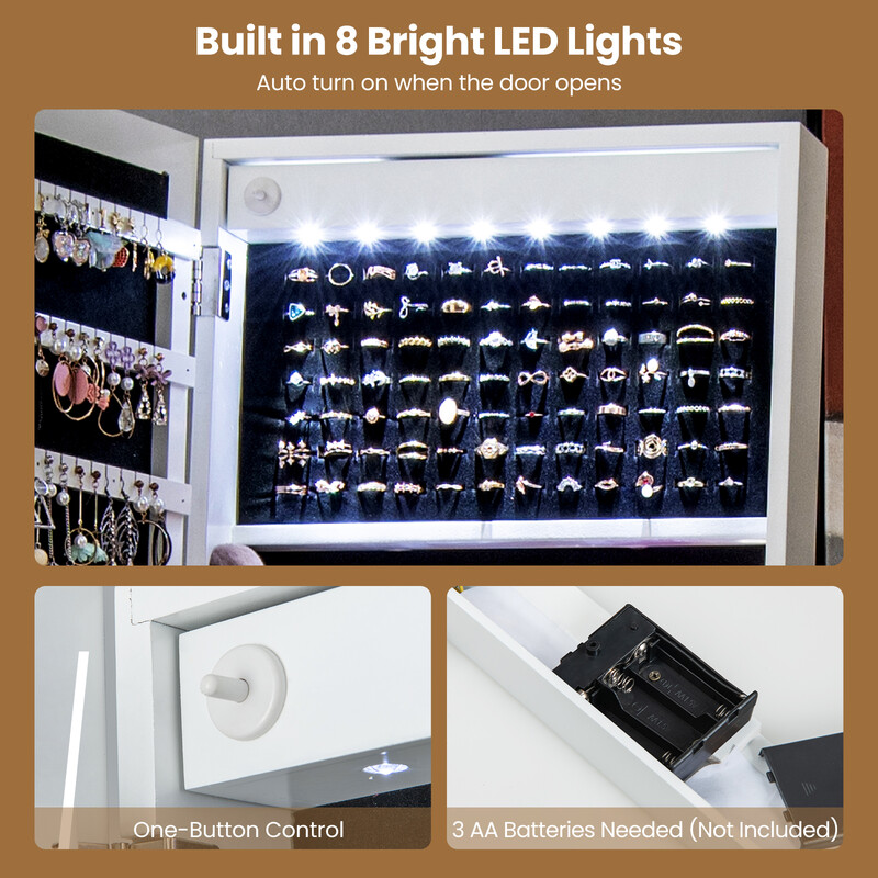 Smyckeskåp med spegel, LED-belysning och låsbar dörr, vit