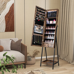 Smyckeskåp med helkroppsspegel och LED-belysning i brun MDF-design