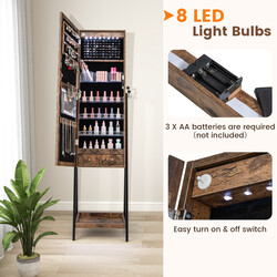 Smyckeskåp med helkroppsspegel och LED-belysning i brun MDF-design