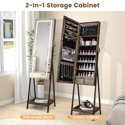 Smyckeskåp med helkroppsspegel och LED-belysning i brun MDF-design