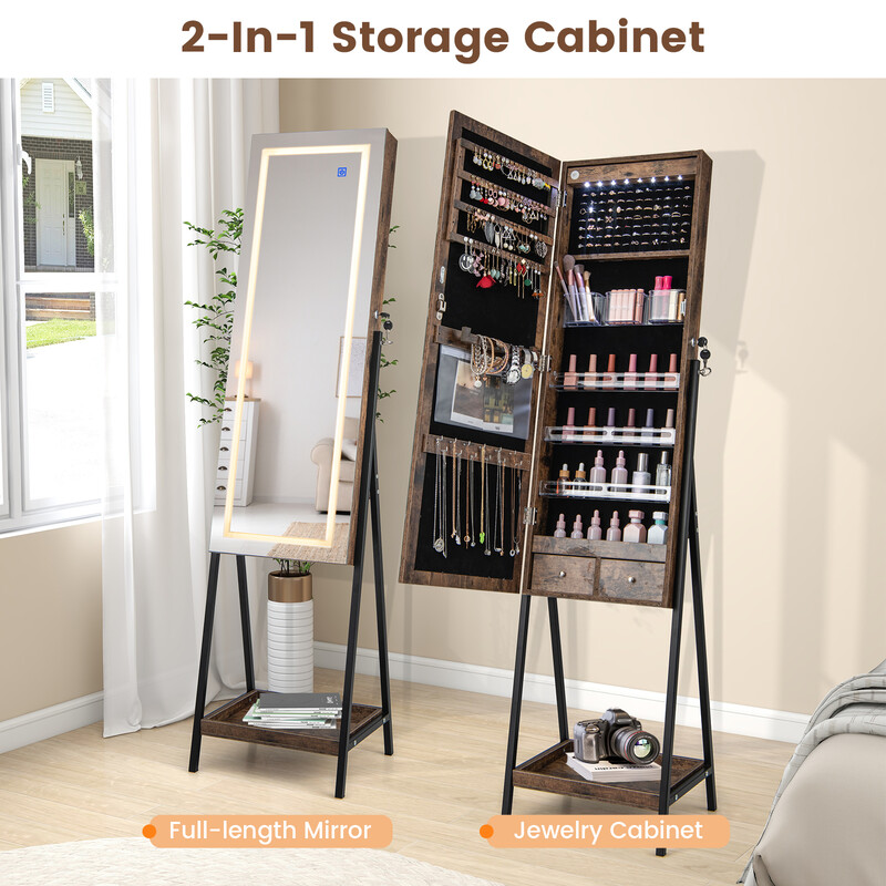 Smyckeskåp med helkroppsspegel och LED-belysning i brun MDF-design