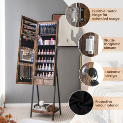 Smyckeskåp med helkroppsspegel och LED-belysning i brun MDF-design