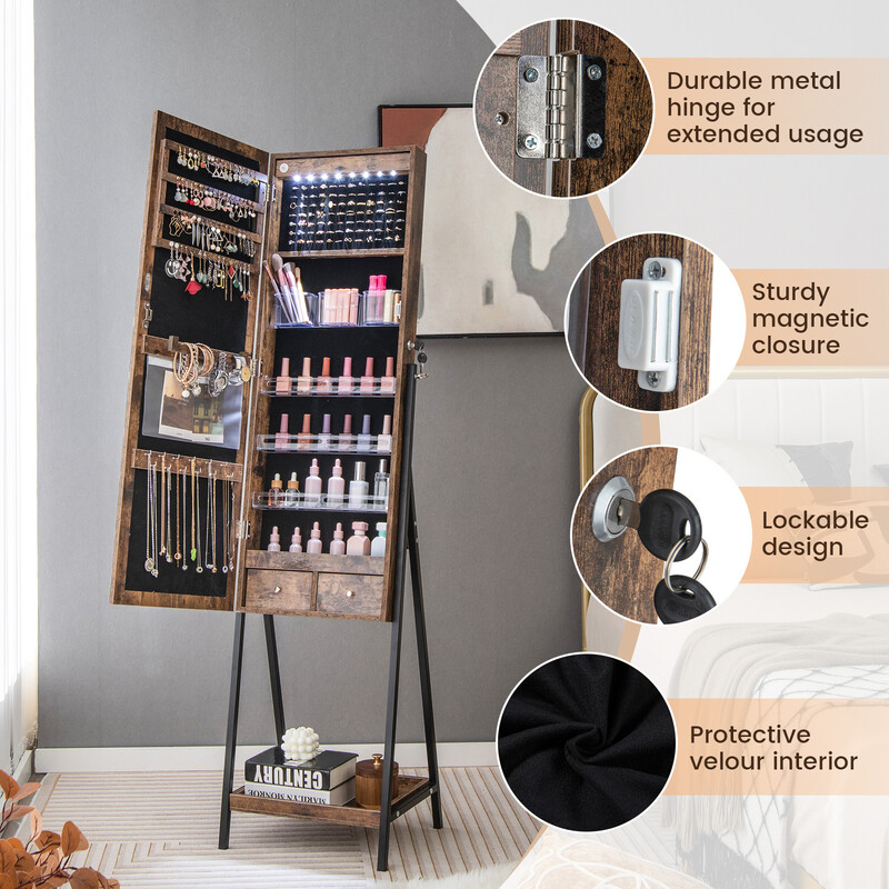 Smyckeskåp med helkroppsspegel och LED-belysning i brun MDF-design