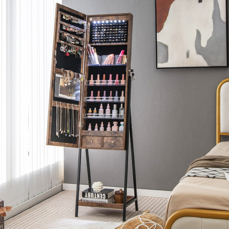 Smyckeskåp med helkroppsspegel och LED-belysning i brun MDF-design