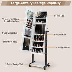 Smyckeskåp med LED-belysning och justerbar höjd, vit spegel och förvaringslösning