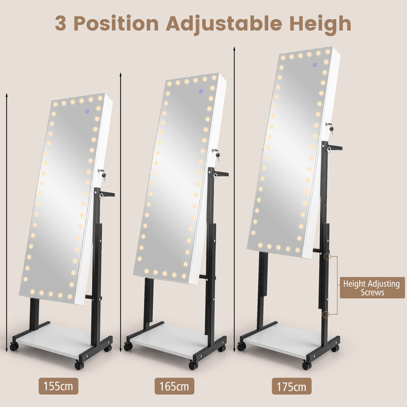 Smyckeskåp med LED-belysning och justerbar höjd, vit spegel och förvaringslösning