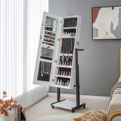 Smyckeskåp med LED-belysning och justerbar höjd, vit spegel och förvaringslösning