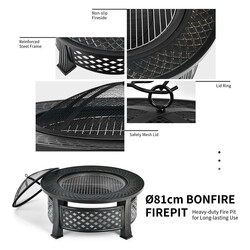 Eldstad 81 cm med grillgaller, gnistskydd och poker i svart stål för utomhusbruk