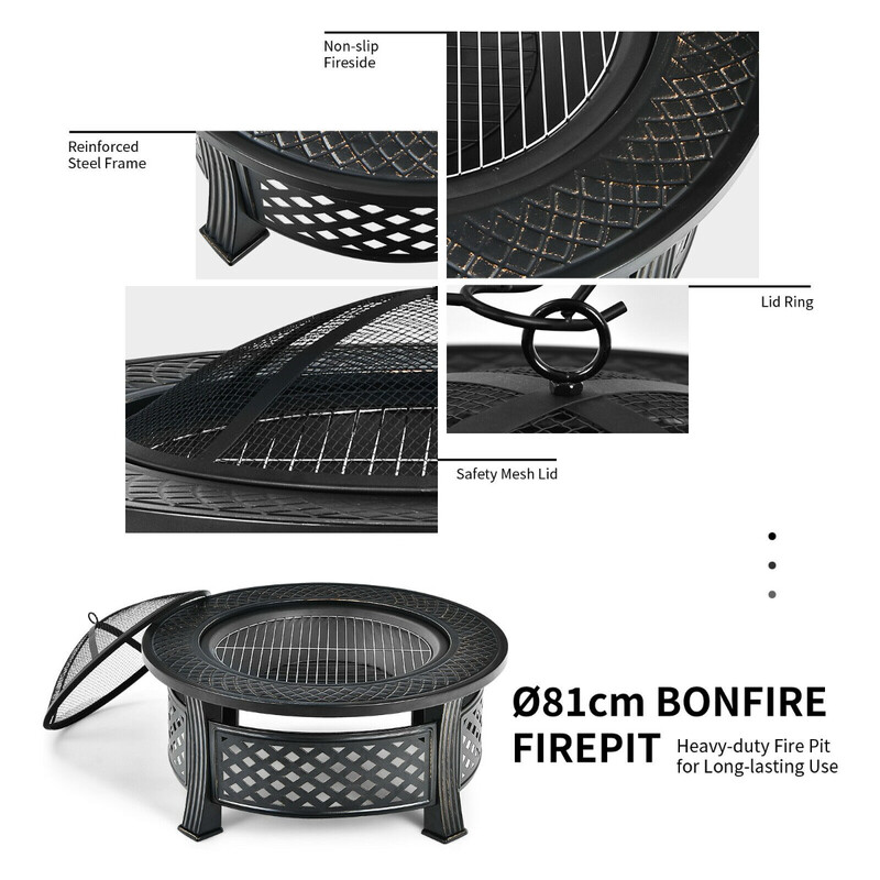 Eldstad 81 cm med grillgaller, gnistskydd och poker i svart stål för utomhusbruk