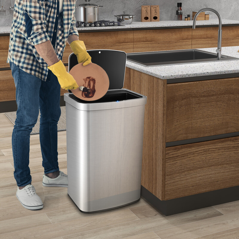 Automatisk soptunna 50L med sensor och lock i rostfritt stål och plast