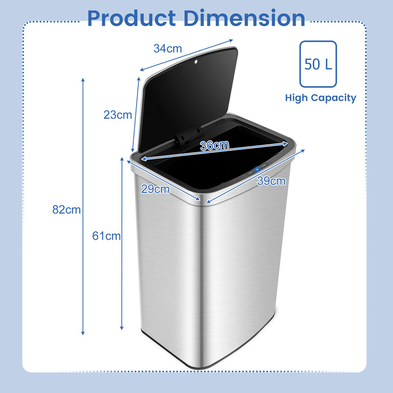 Automatisk soptunna 50L med sensor och lock i rostfritt stål och plast