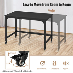 Skrivbord med hjul och metallram för kontor och hem, 120 x 60 cm, svart