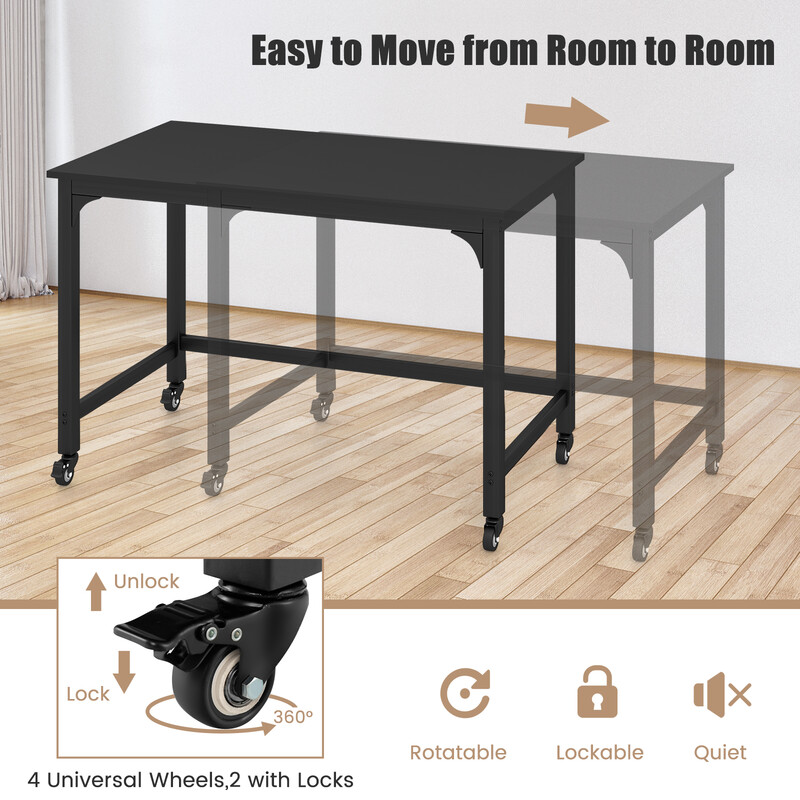 Skrivbord med hjul och metallram för kontor och hem, 120 x 60 cm, svart