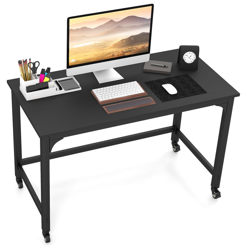Skrivbord med hjul och metallram för kontor och hem, 120 x 60 cm, svart