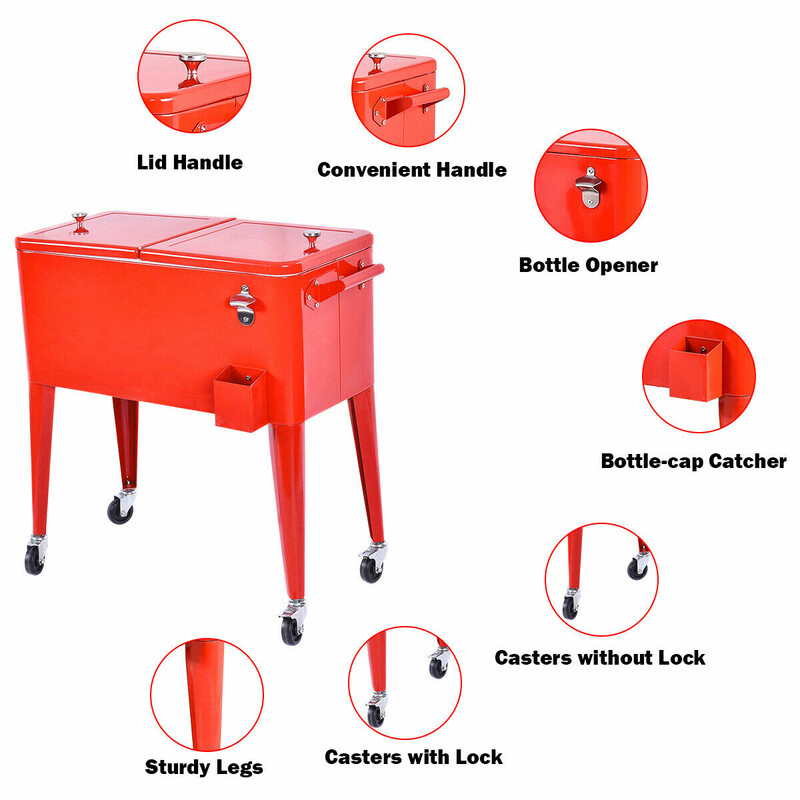 Mobil dryckeskylväska 76L med hjul och flasköppnare för utomhusevenemang röd